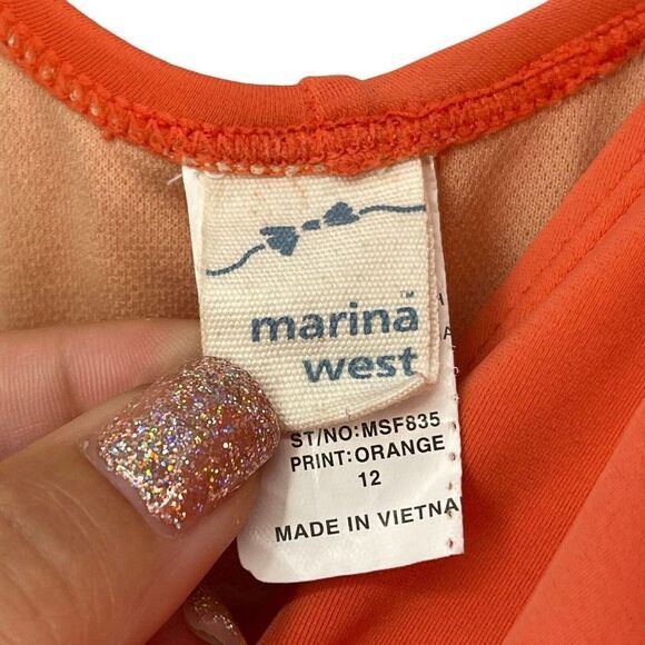 Marina West One Piece Swimsuit Tangerine Orange Ruched V Neck Size 12 Swim Wear - Picture 6 of 10